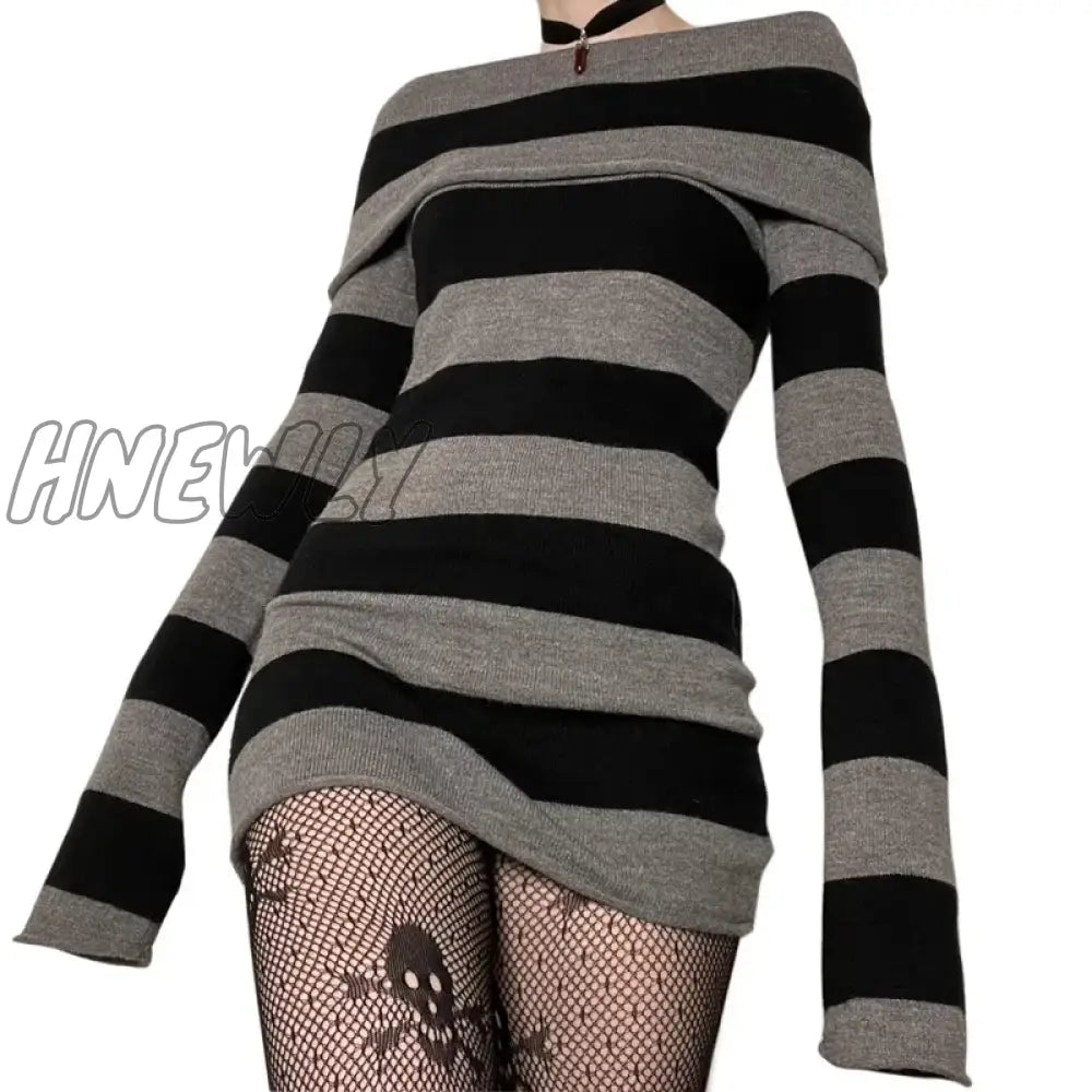 Hnewly Y2K Striped Sweater Mini Dress Mall Goth Grunge Emo Bodycon Chic Women Off Shoulder Full