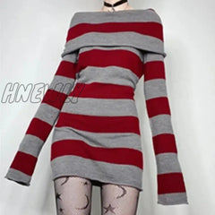 Hnewly Y2K Striped Sweater Mini Dress Mall Goth Grunge Emo Bodycon Chic Women Off Shoulder Full