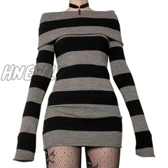 Hnewly Y2K Striped Sweater Mini Dress Mall Goth Grunge Emo Bodycon Chic Women Off Shoulder Full