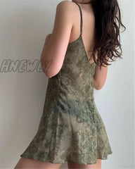 Hnewly Y2K Summer Women Fairy Chiffon See-Through Mini Sexy Floral Abstract Print Sleeveless