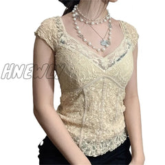 Hnewly Y2K Sweet Lace Crop Tops V-Neck Harajuku Milkmaid Fashion Grunge Clothes Short Sleeves Slim