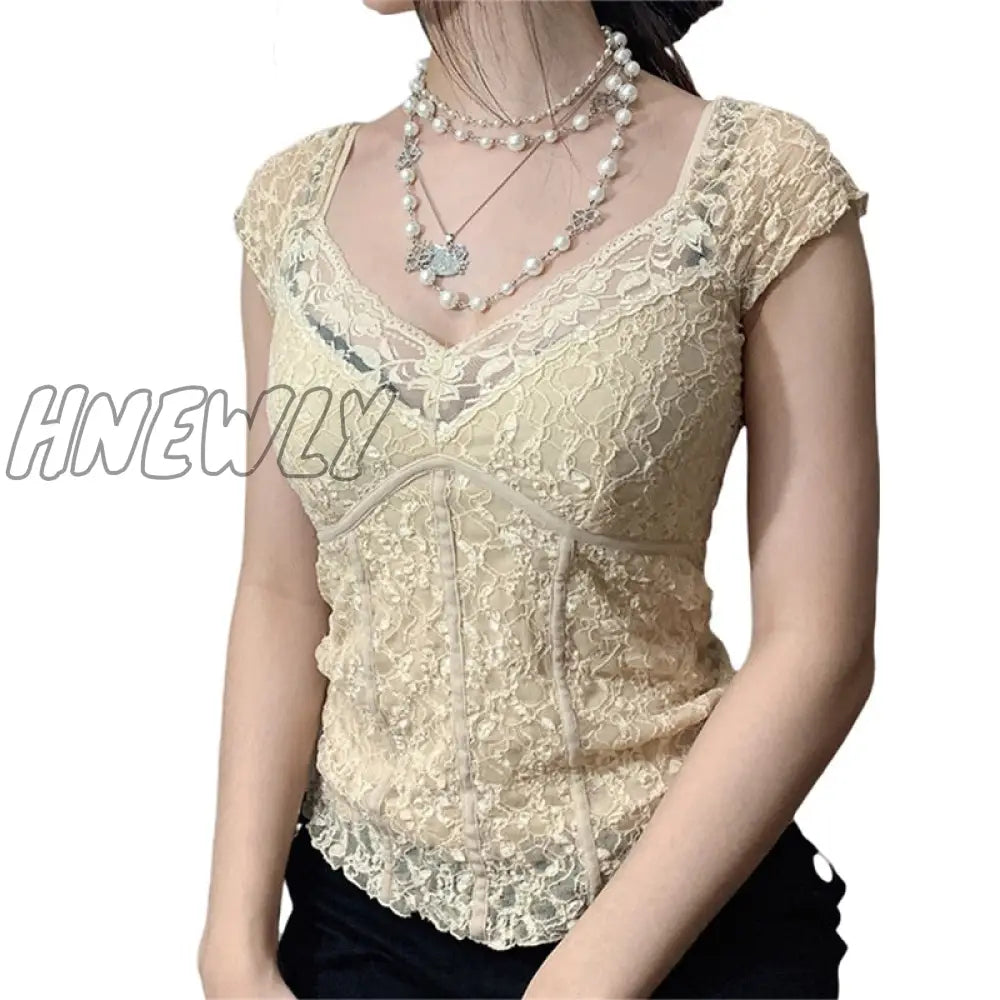 Hnewly Y2K Sweet Lace Crop Tops V-Neck Harajuku Milkmaid Fashion Grunge Clothes Short Sleeves Slim