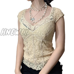 Hnewly Y2K Sweet Lace Crop Tops V-Neck Harajuku Milkmaid Fashion Grunge Clothes Short Sleeves Slim