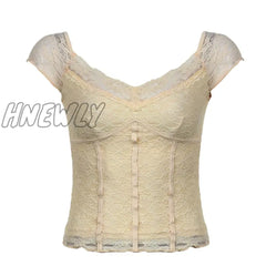 Hnewly Y2K Sweet Lace Crop Tops V-Neck Harajuku Milkmaid Fashion Grunge Clothes Short Sleeves Slim
