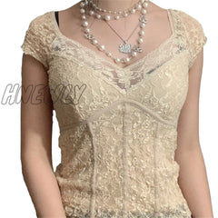 Hnewly Y2K Sweet Lace Crop Tops V-Neck Harajuku Milkmaid Fashion Grunge Clothes Short Sleeves Slim