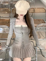 Hnewly Y2K Sweet Outfits Woman Solid Knitted Cropped Patchwork Vest + Slim Cardigan Mini Pleated