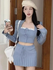 Hnewly Y2K Sweet Outfits Woman Solid Knitted Cropped Patchwork Vest + Slim Cardigan Mini Pleated