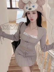 Hnewly Y2K Sweet Outfits Woman Solid Knitted Cropped Patchwork Vest + Slim Cardigan Mini Pleated