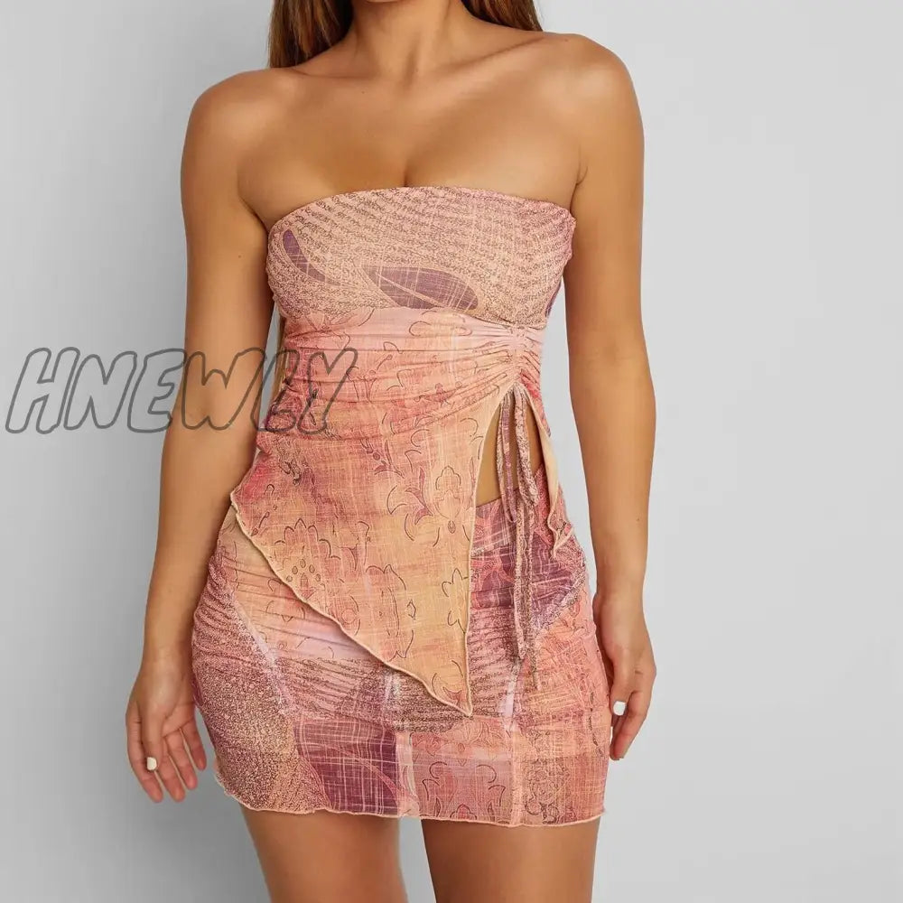 Hnewly Y2K Two Piece Outfit Women Vintage Printed Strapless Tube Top Mesh Bodycon Mini Skirt Set