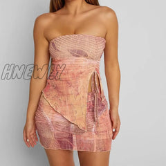 Hnewly Y2K Two Piece Outfit Women Vintage Printed Strapless Tube Top Mesh Bodycon Mini Skirt Set