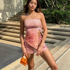 Hnewly Y2K Two Piece Outfit Women Vintage Printed Strapless Tube Top Mesh Bodycon Mini Skirt Set