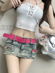 Hnewly Y2K Vintage Women Korean Sexy Belted Short Denim Mini Skirts Aesthetic Fairy Grunge High
