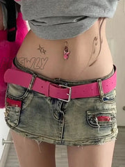 Hnewly Y2K Vintage Women Korean Sexy Belted Short Denim Mini Skirts Aesthetic Fairy Grunge High