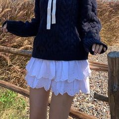 Hnewly Y2K White Mini Skirt Women Summer Korean Fashion Embroidered Double-Layer Ruffle Fairycore