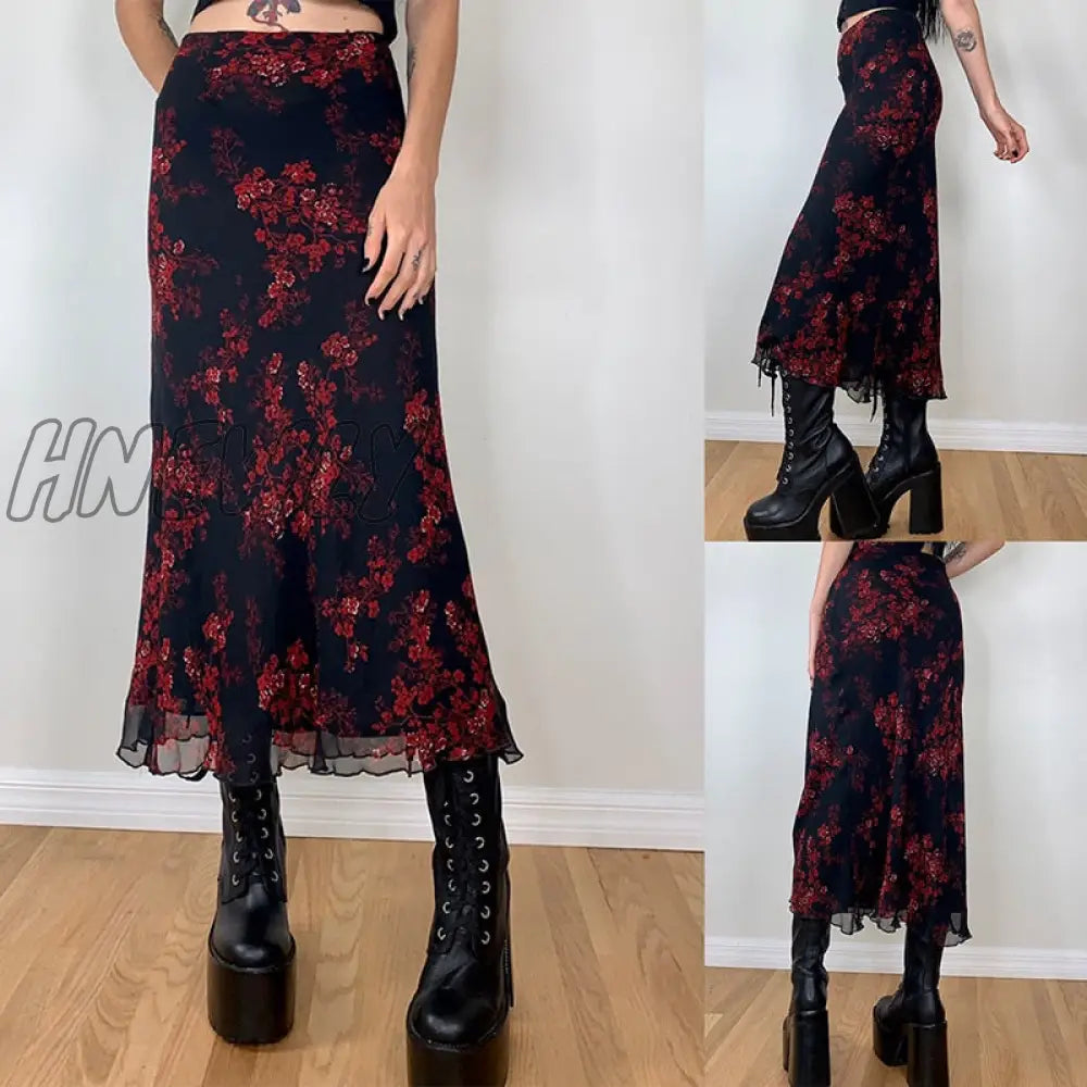 Hnewly Y2K Women Long Skirt High-Waisted Vintage Elegant Flower Summer Fall Holiday Party Aesthetic