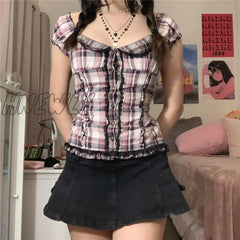 Hnewly Y2K Women Plaid Tops Ruffles Square V Neck Short Sleeve Lace Trim T-Shirt Kawaii E Girl