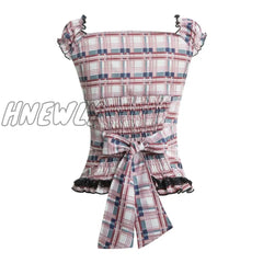 Hnewly Y2K Women Plaid Tops Ruffles Square V Neck Short Sleeve Lace Trim T-Shirt Kawaii E Girl