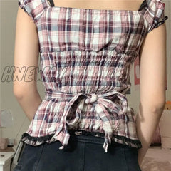 Hnewly Y2K Women Plaid Tops Ruffles Square V Neck Short Sleeve Lace Trim T-Shirt Kawaii E Girl