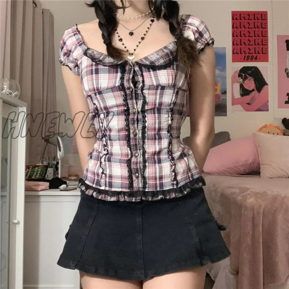 Hnewly Y2K Women Plaid Tops Ruffles Square V Neck Short Sleeve Lace Trim T-Shirt Kawaii E Girl
