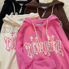 Hnewly Y2K Women Vintage Gothic Streetwear Embroidery Harajuku Hoodies Hip Hop Jacket Zip Up Hoodie
