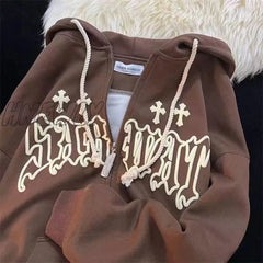 Hnewly Y2K Women Vintage Gothic Streetwear Embroidery Harajuku Hoodies Hip Hop Jacket Zip Up Hoodie