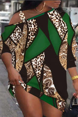 Hnewly - Yellow Casual Print Patchwork Oblique Collar Dresses Dresses