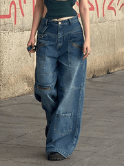 Hnewly - Patchwork Blue Wash Baggy Cargo Jeans Hnewly