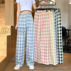 Plus Size New Korean Plaid Pants Spring Autumn Winter Wide Leg Pant Women Lattice Print High Waist