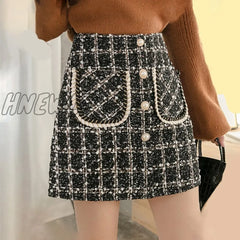 Tweed Skirts Women Autumn Winter Pearl Button Mini Pencil Plaid Wool Korean High Waist Elegant
