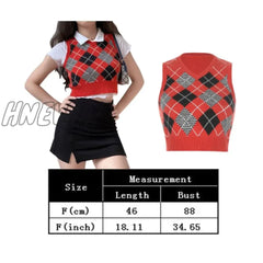 Vintage Plaid Sweater Vest Women V - Neck Sleeveless Tank College Style Knitting Pullovers Tops For