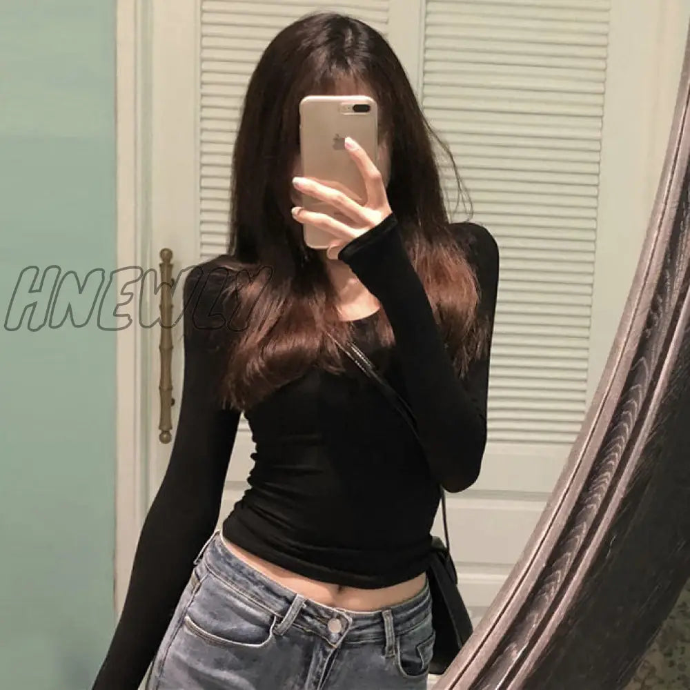 Woman Tshirts Top Women’s Tight Low - Necked Sexy Short Slim Long Sleeve T - Shirt Crop Mujer