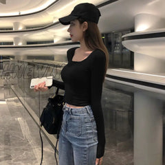 Woman Tshirts Top Women’s Tight Low - Necked Sexy Short Slim Long Sleeve T - Shirt Crop Mujer