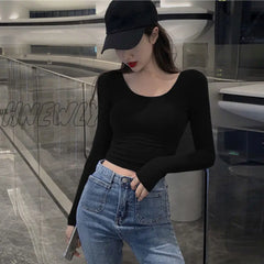 Woman Tshirts Top Women’s Tight Low - Necked Sexy Short Slim Long Sleeve T - Shirt Crop Mujer