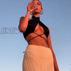 Women Cross Halter Ruched Tank Tops Sexy Solid Color Off - The - Shoulder Tie Up Crop Club Party