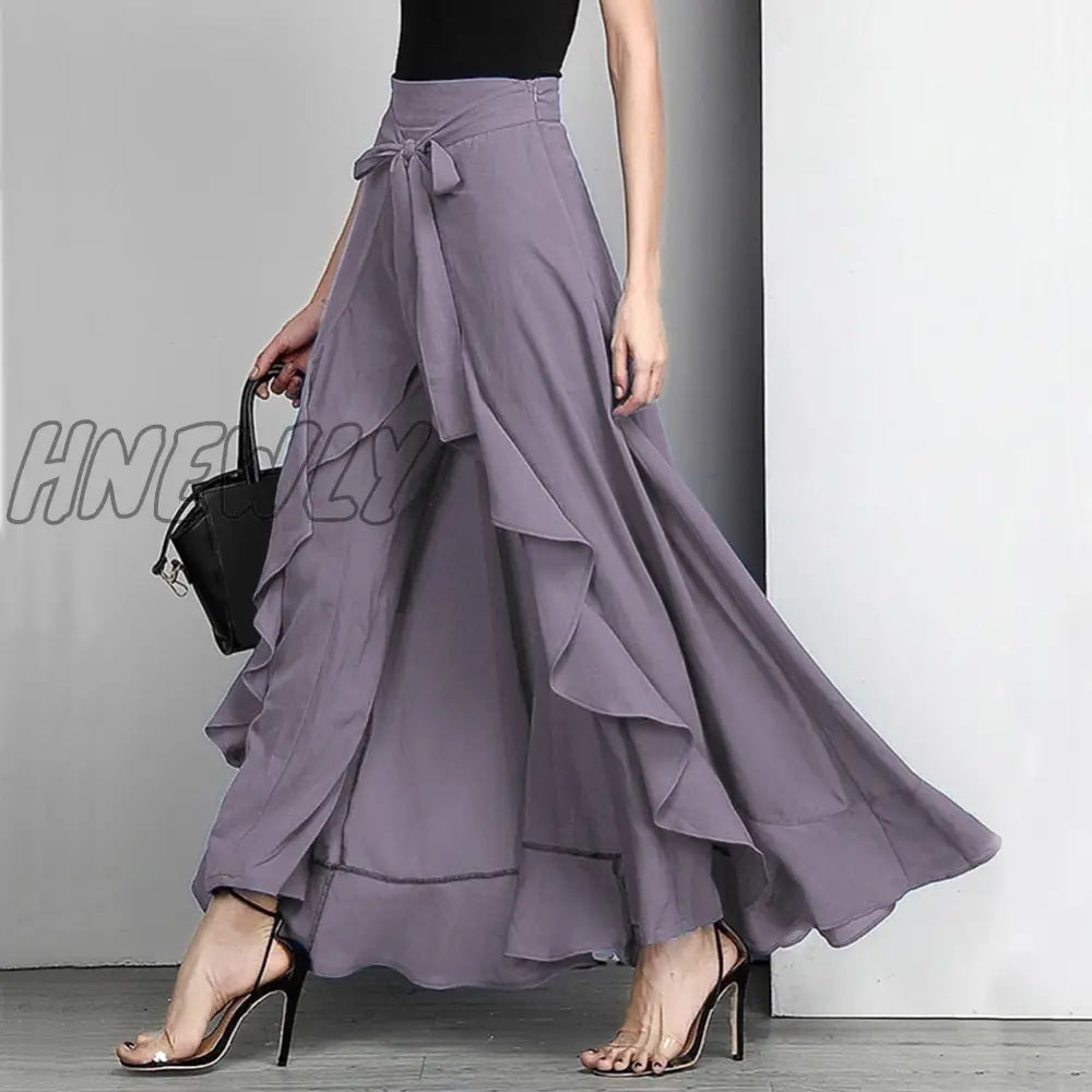 Women Palazzo Pants Causal Ruffle Drawstring Trouser Elegant High Waist Irregular Loose Pure Color