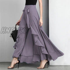 Women Palazzo Pants Causal Ruffle Drawstring Trouser Elegant High Waist Irregular Loose Pure Color