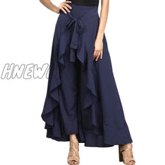 Women Palazzo Pants Causal Ruffle Drawstring Trouser Elegant High Waist Irregular Loose Pure Color