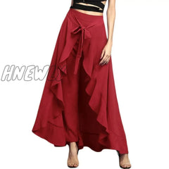 Women Palazzo Pants Causal Ruffle Drawstring Trouser Elegant High Waist Irregular Loose Pure Color