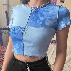 Women Tie Dye Cropped Top Ruffle Frill Short Sleeve Tops Patchwork T - Shirts Round Neck Casual