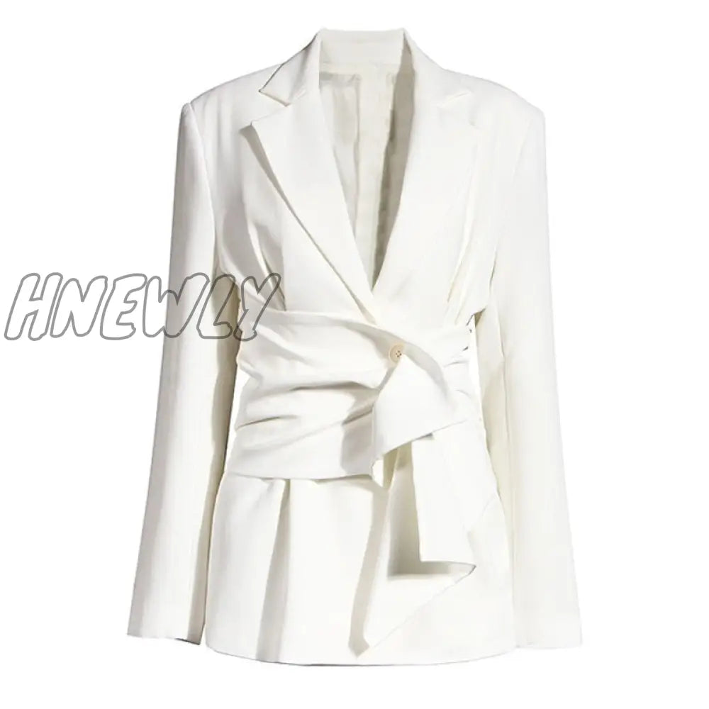 Women White Knot Split Joint Irregular Blazer New Lapel Long Sleeve Loose Fit Jacket Fashion Spring