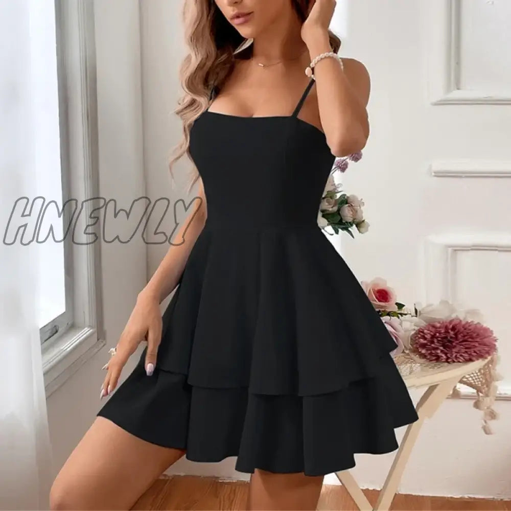 Womens Spaghetti Strap Solid Summer Tie Back Mini Dresses Sexy Square Neck Backless Ruffle Hem