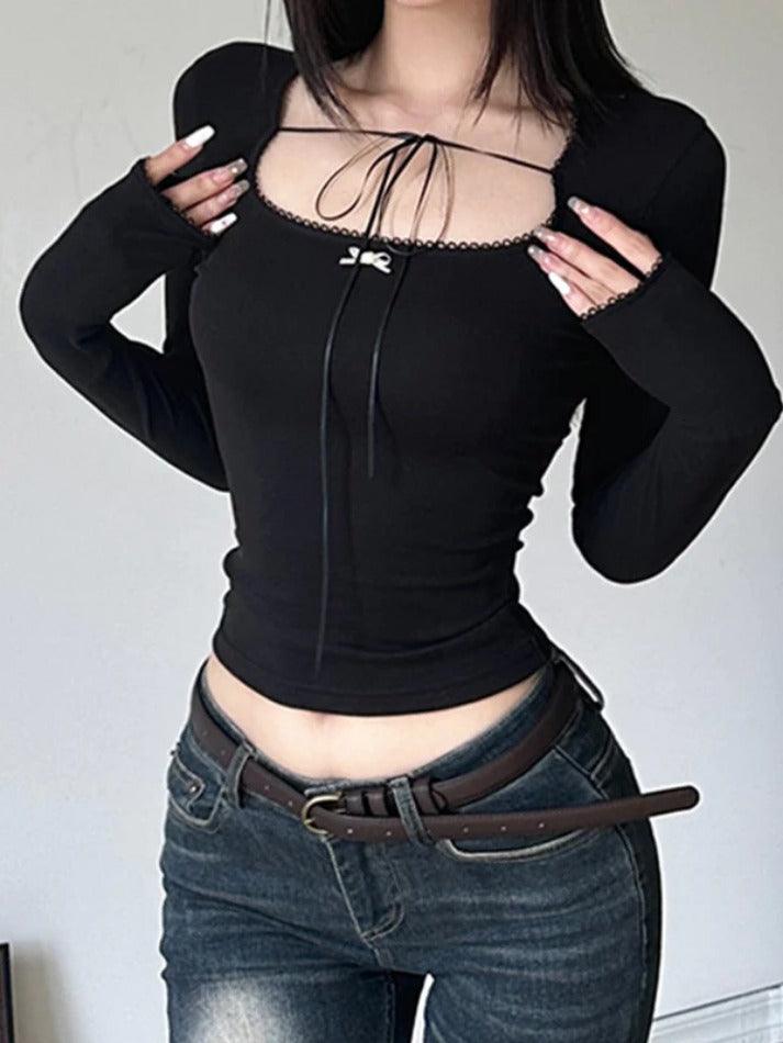 Hnewly Square Neck Bow Tie Up Long Sleeve Tee