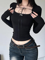 Hnewly Square Neck Bow Tie Up Long Sleeve Tee