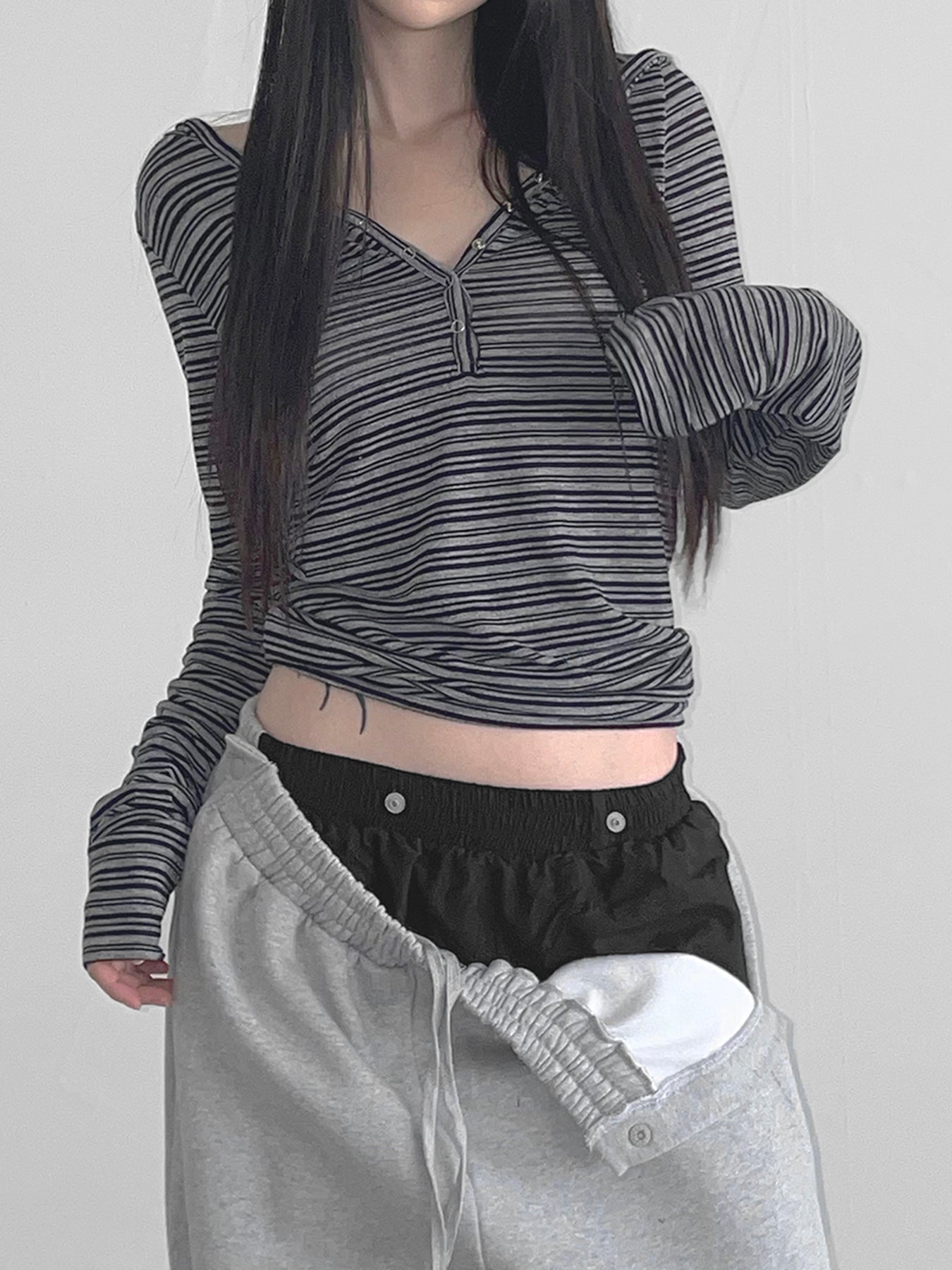 Hnewly - summer inspo Casual Striped Breasted Long Sleeve Hooded T-Shirts Women Design Slim Fit Simple Fashion Blouses