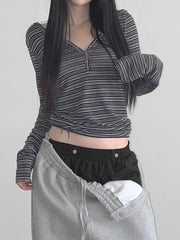 Hnewly - summer inspo Casual Striped Breasted Long Sleeve Hooded T-Shirts Women Design Slim Fit Simple Fashion Blouses