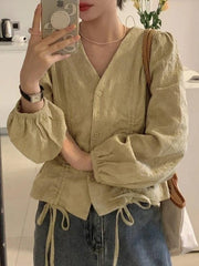 Hnewly Lace Up Button Front Long Sleeve Blouse
