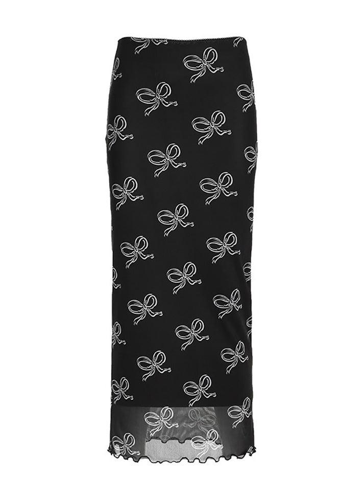 hnewly - Vintage Bow Print Mesh Midi Skirt hnewly