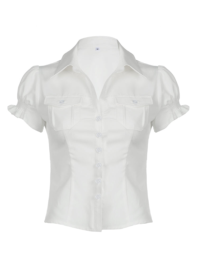 Hnewly - summer inspo Single Breasted Puff Sleeve White Shirts For Women Button Turn Down Collar Pockets Simple Casual Safari Style Tops