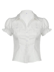 Hnewly - summer inspo Single Breasted Puff Sleeve White Shirts For Women Button Turn Down Collar Pockets Simple Casual Safari Style Tops