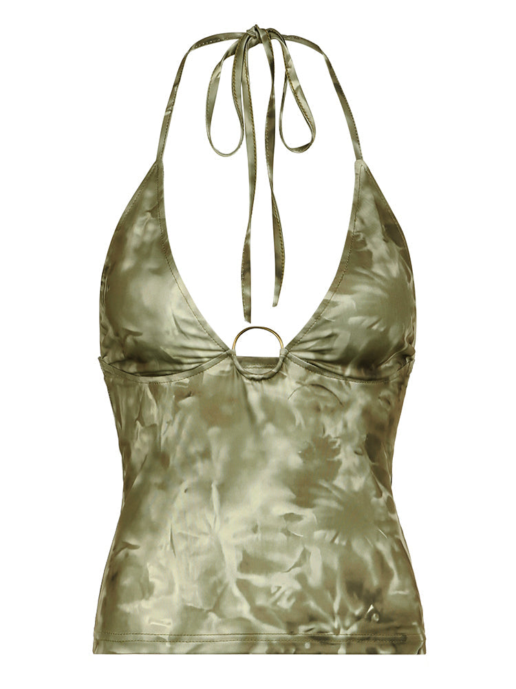 Hnewly - summer inspo Retro Forest Green Tie Dye Print Summer Boho Camisole Seeveless Backless Tie Halter V Neck Sexy Crop Top Women Vacation Shirts